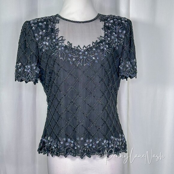 Stenay Vintage 80'S Floral Sequin Beaded Mesh Trim Blouse Black - Picture 3 of 14